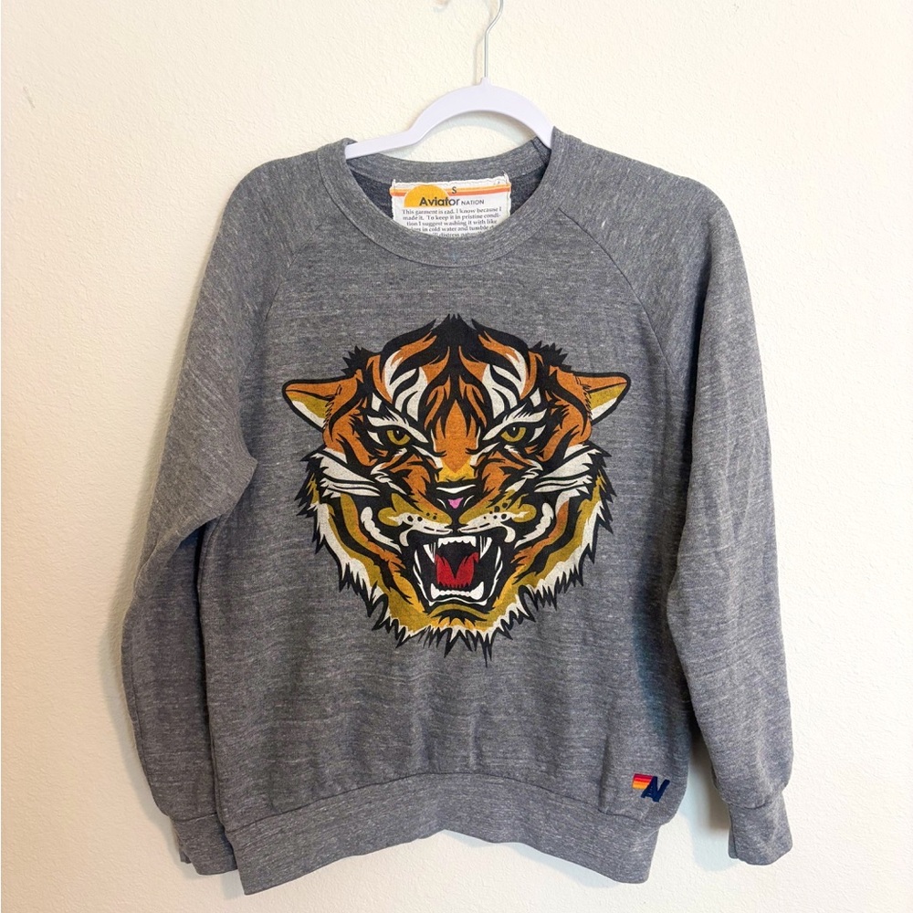 Aviator Nation Gray Tiger Graphic Crewneck Sweater size S